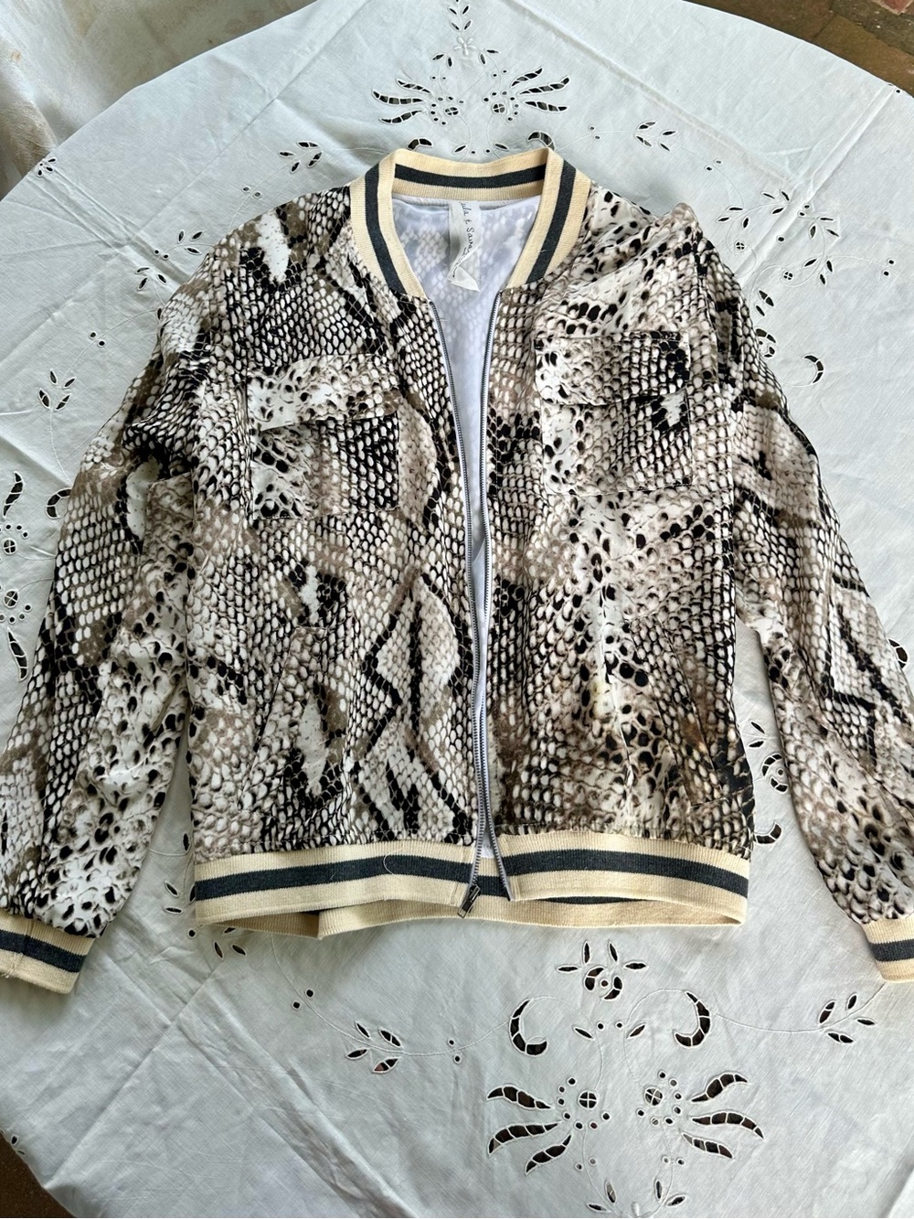 Silk Snake-Print Bomber Jacket in Brown & Black